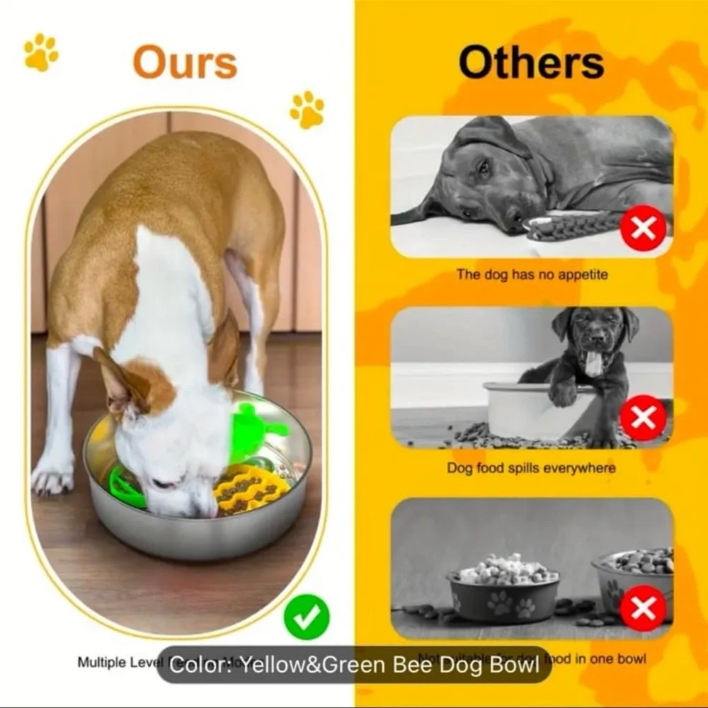 Stainless Steel Slow Feeder Dog Bowl with Bee Design, Non-Slip Silicone Base